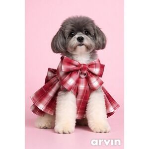 Pet Dog Plaid Bow Skirt Vest Dress Clothes Puppy Cat Harness Leash Set Size Med